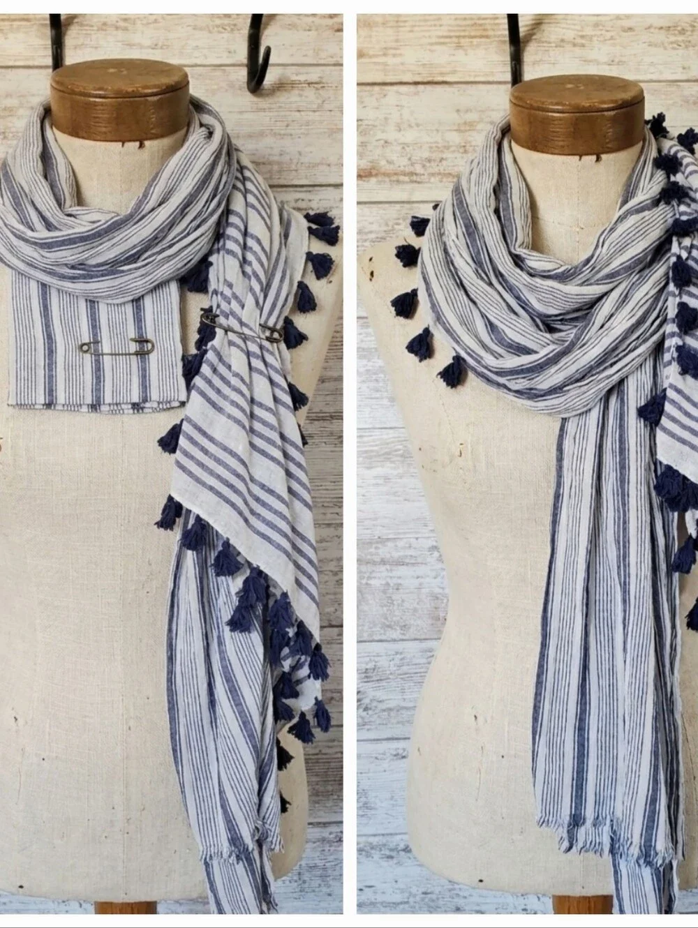 Scarf Set Blue White Stripe Cotton Long Rectangle & Flouncy Tassel Scarf